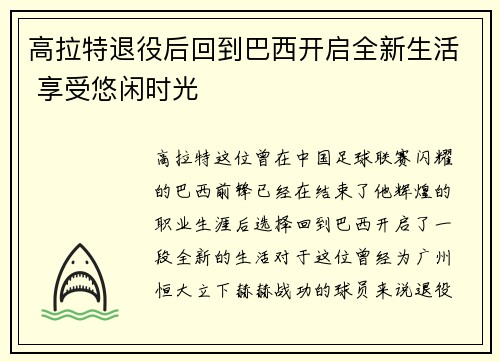 高拉特退役后回到巴西开启全新生活 享受悠闲时光