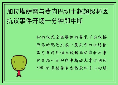 加拉塔萨雷与费内巴切土超超级杯因抗议事件开场一分钟即中断