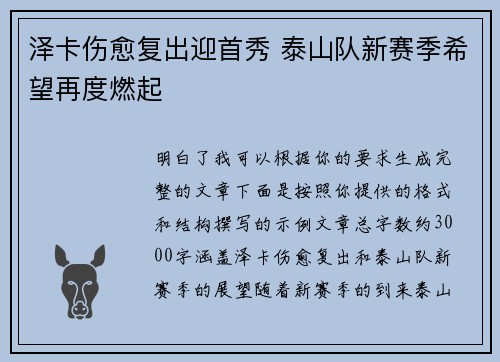泽卡伤愈复出迎首秀 泰山队新赛季希望再度燃起 泽卡伤愈复出迎首秀 泰山队新赛季希望再度燃起